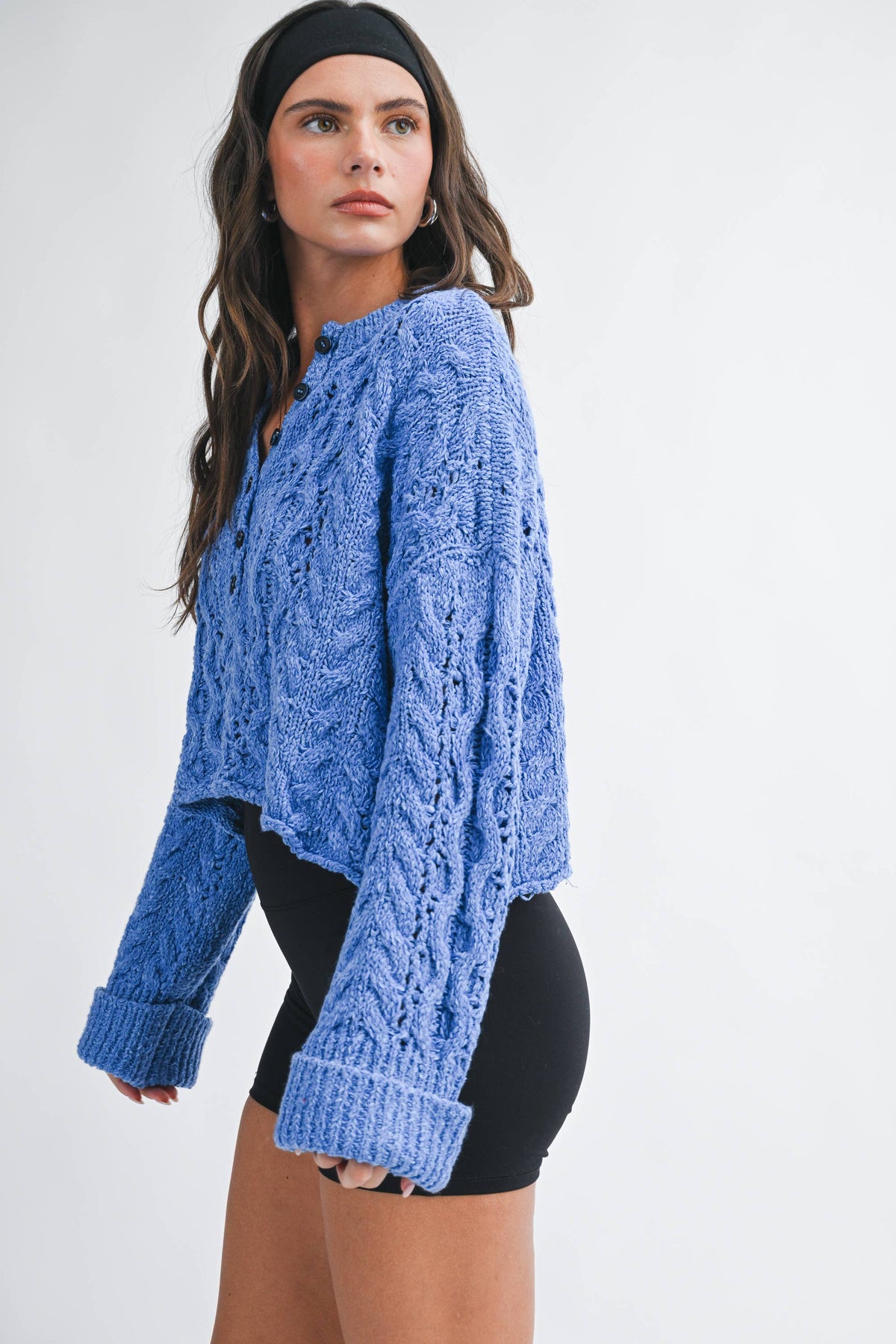 Textured Cropped Henley Knit Sweater