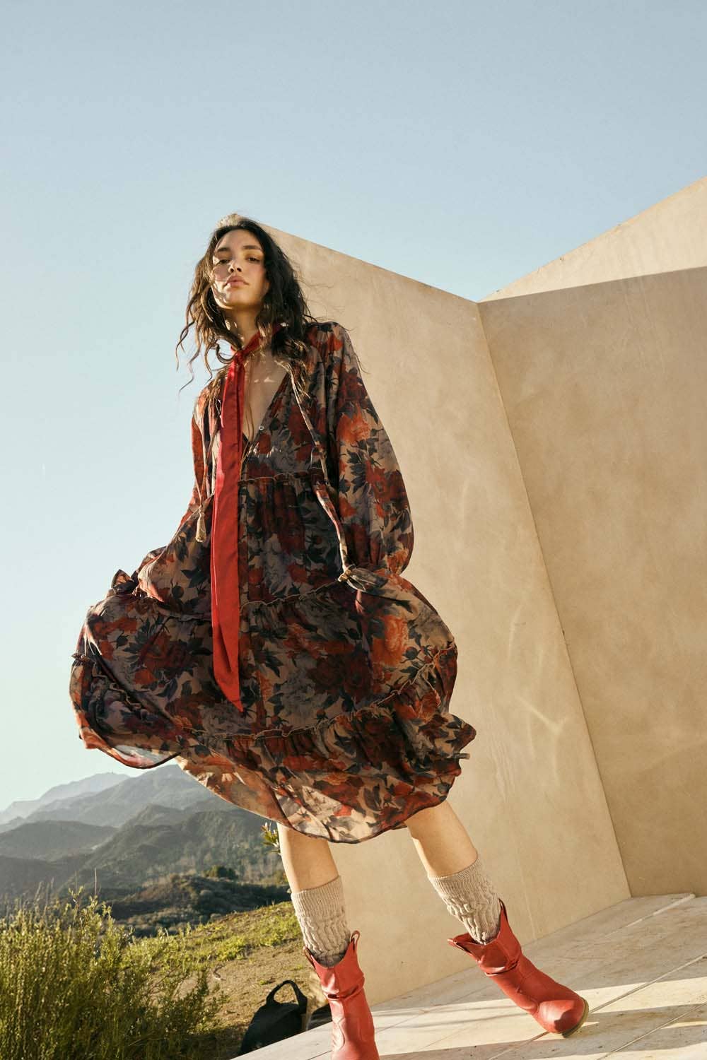 Floral-Print Tiered Ruffle Long-Sleeve Midi Dress FINAL SALE