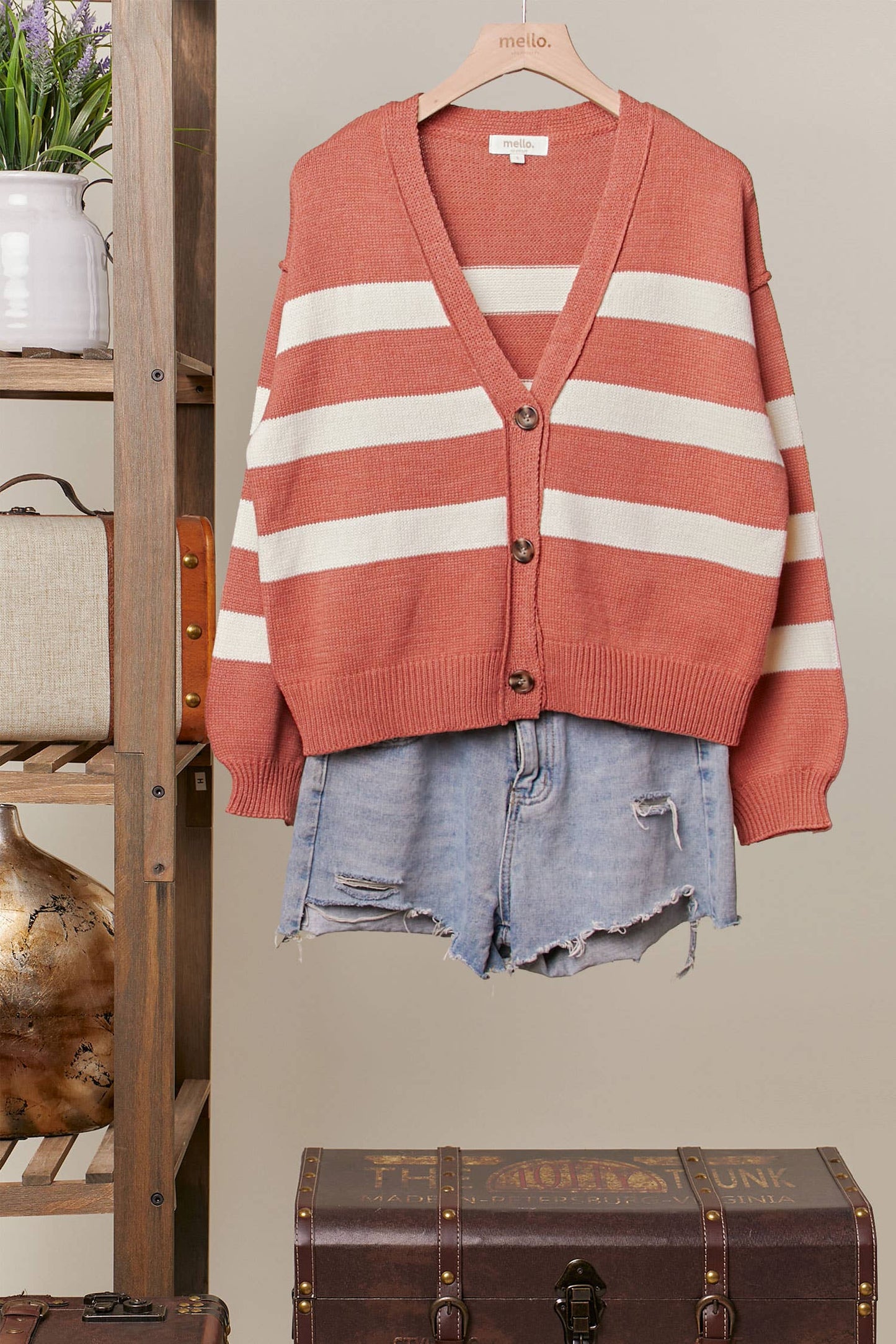 Striped  V Neck Knit Cardigan