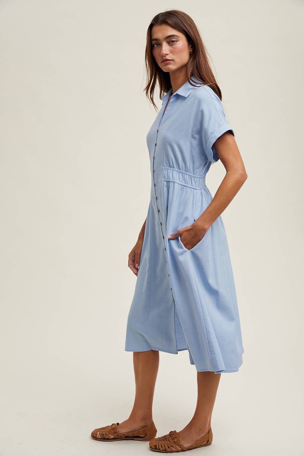 COLLARED BUTTON-UP MIDI DRESS