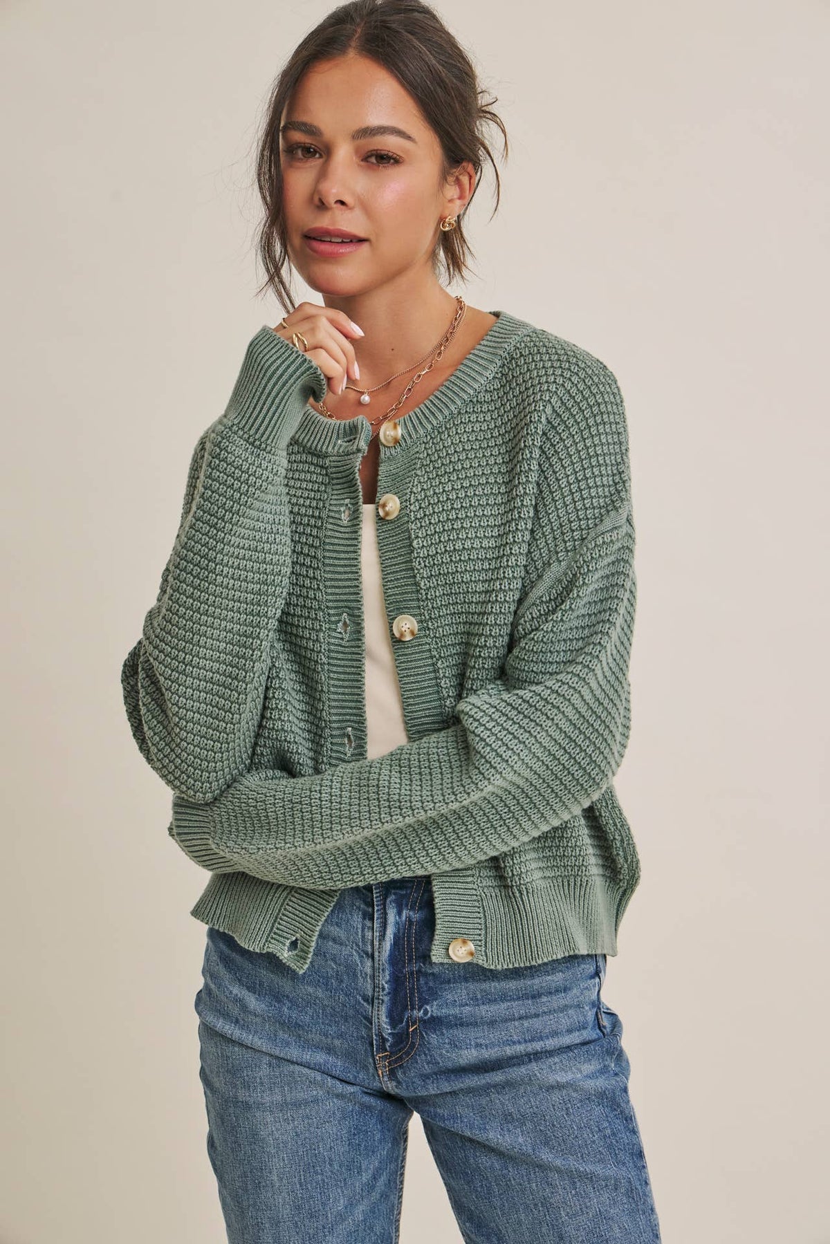 MINERAL-WASHED CABLE KNIT COTTON CARDIGAN