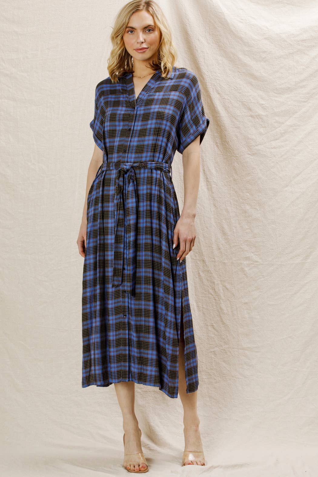 Plaid Button Down Belted Shirt Dress