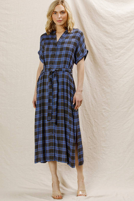 Plaid Button Down Belted Shirt Dress