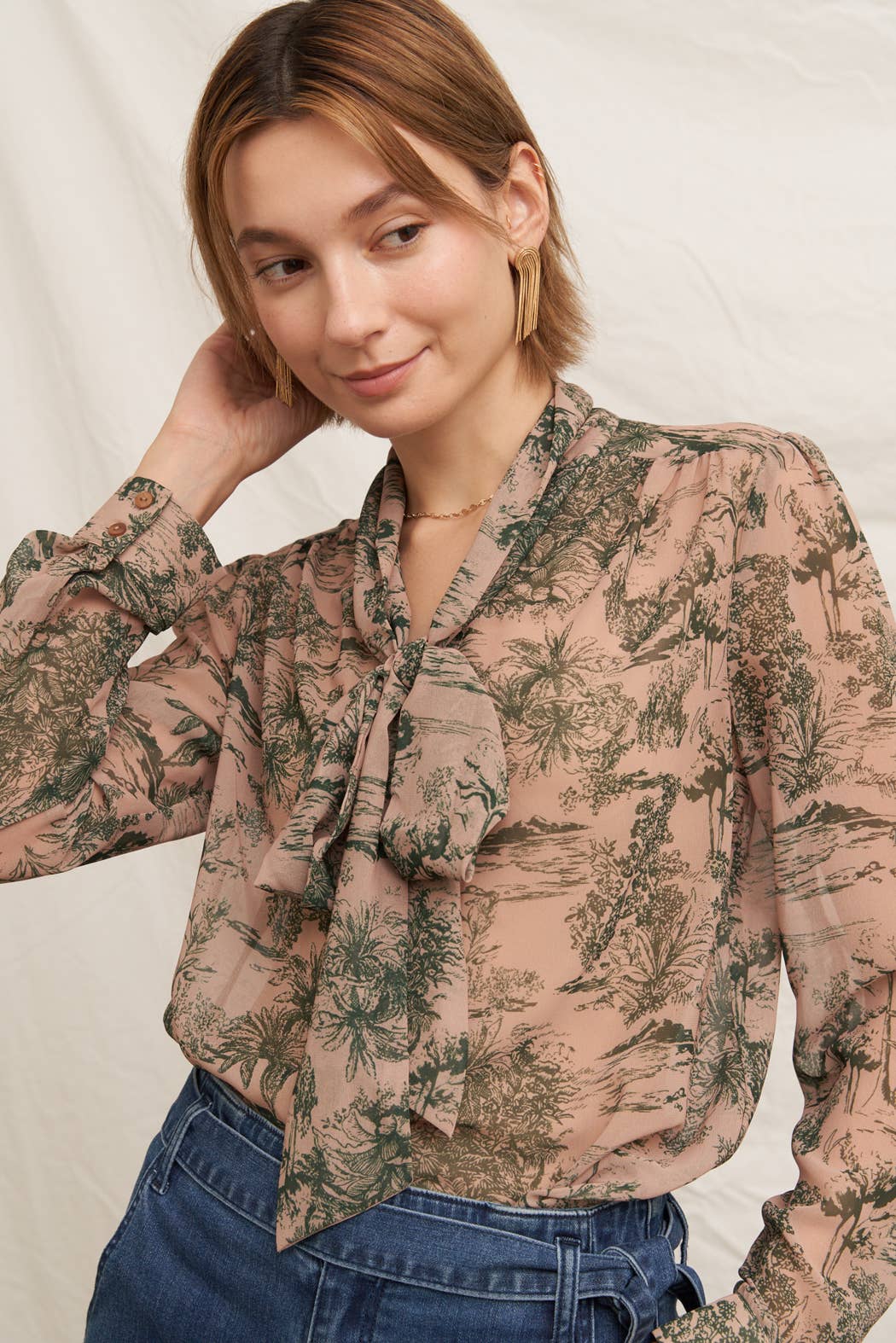Printed Long Sleeve Tie-Neck Chiffon Blouse