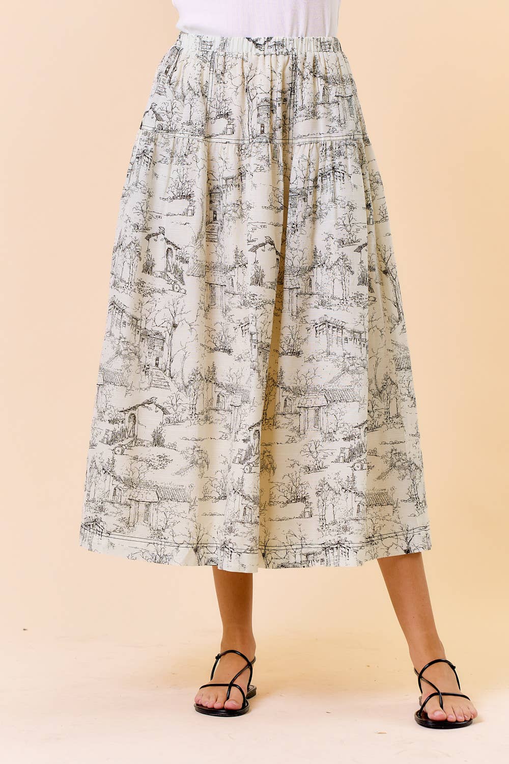 PRINTED COTTON BLEND ELASTIC WAIST MIDI SKIRT