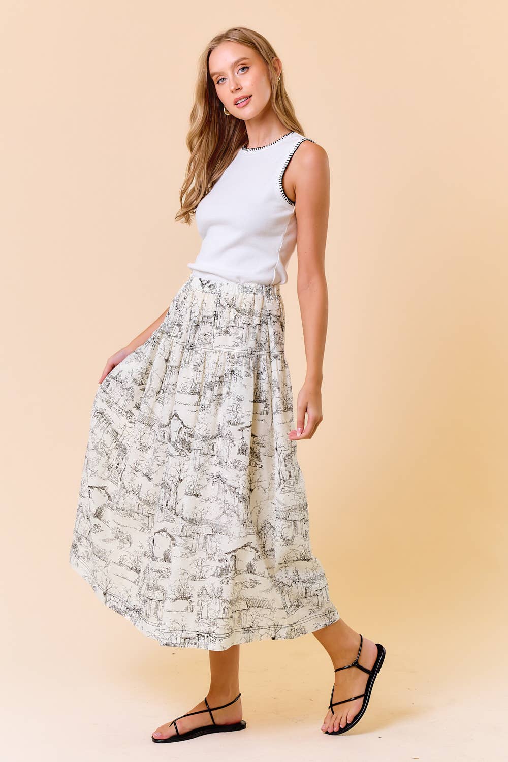 PRINTED COTTON BLEND ELASTIC WAIST MIDI SKIRT
