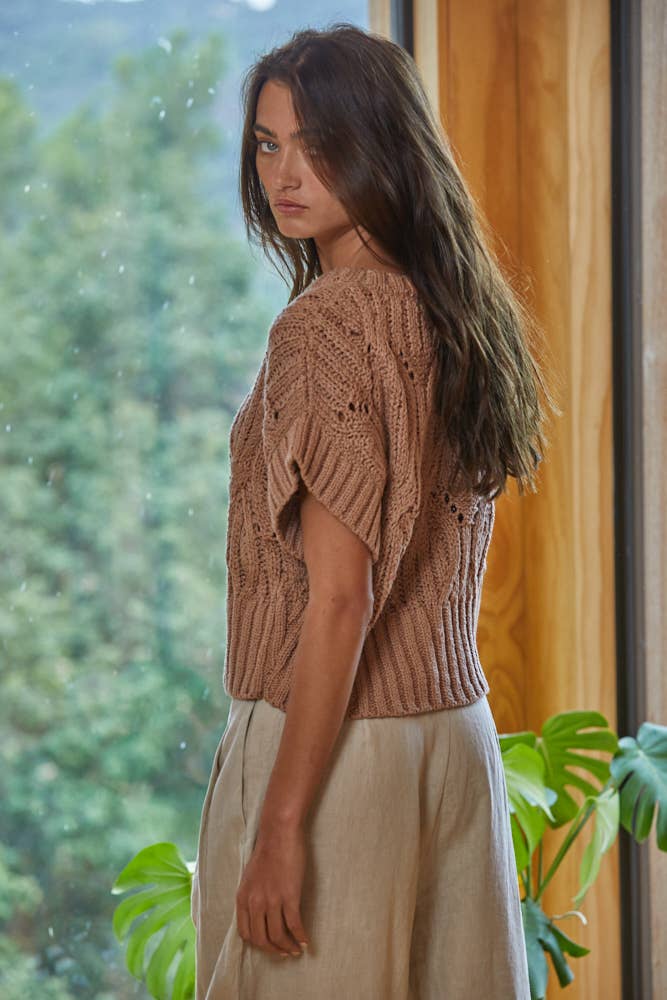 Knit Sweater Crochet Round Neck Short Sleeve Top: Olive