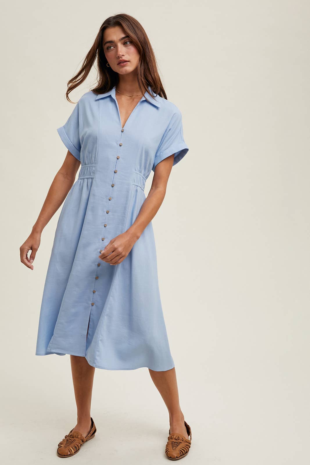 COLLARED BUTTON-UP MIDI DRESS