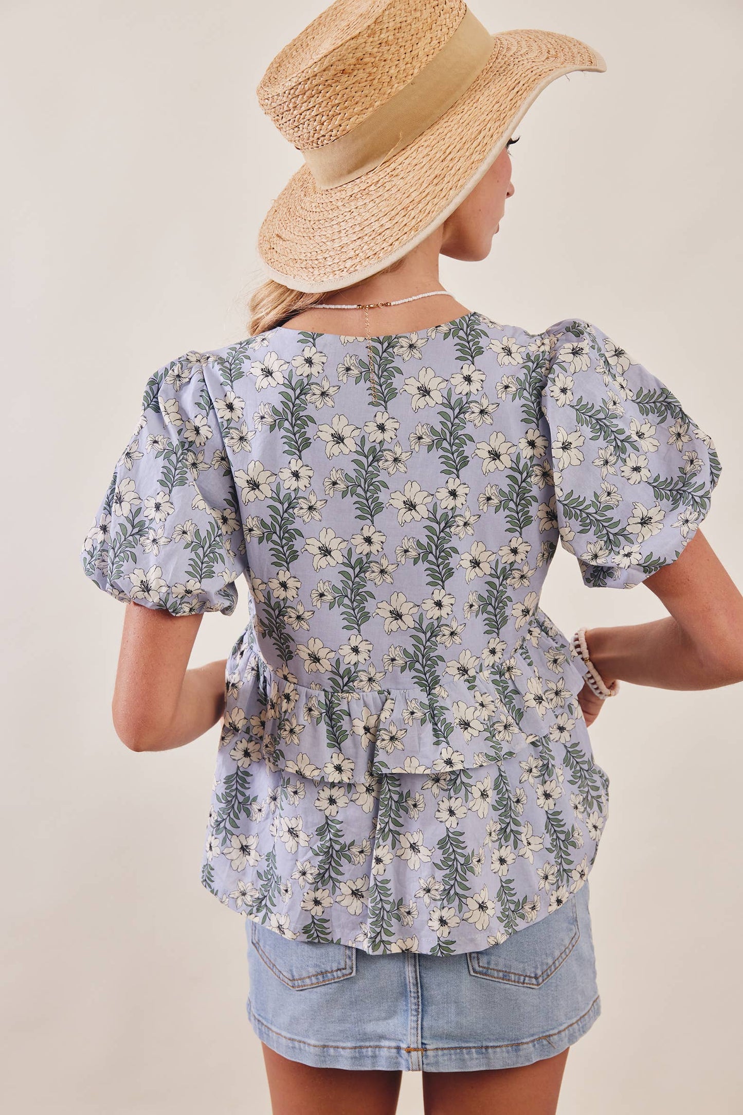 Floral Puff Sleeve Lined Blouse