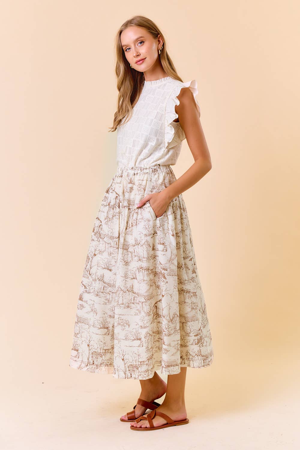 PRINTED COTTON BLEND ELASTIC WAIST MIDI SKIRT