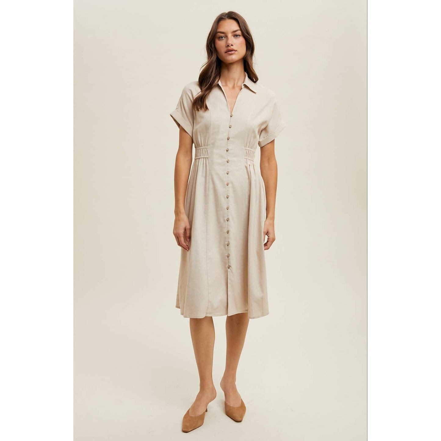 COLLARED BUTTON-UP MIDI DRESS