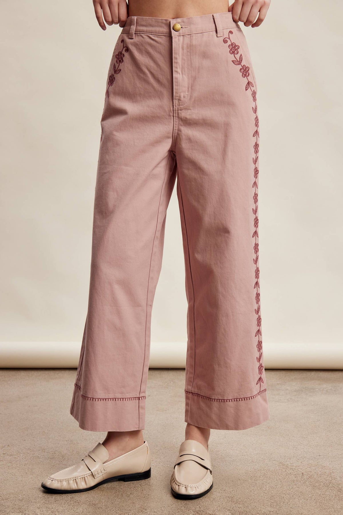 Floral Embroidered Cropped Wide-Leg Pants