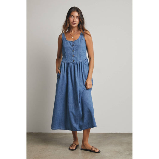 COTTON DENIM BUTTON-UP MIDI DRESS