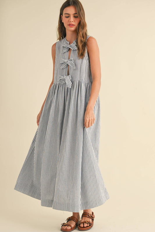 WEEKEND STRIPE FABRIC BOW TIE FRONT DRESS