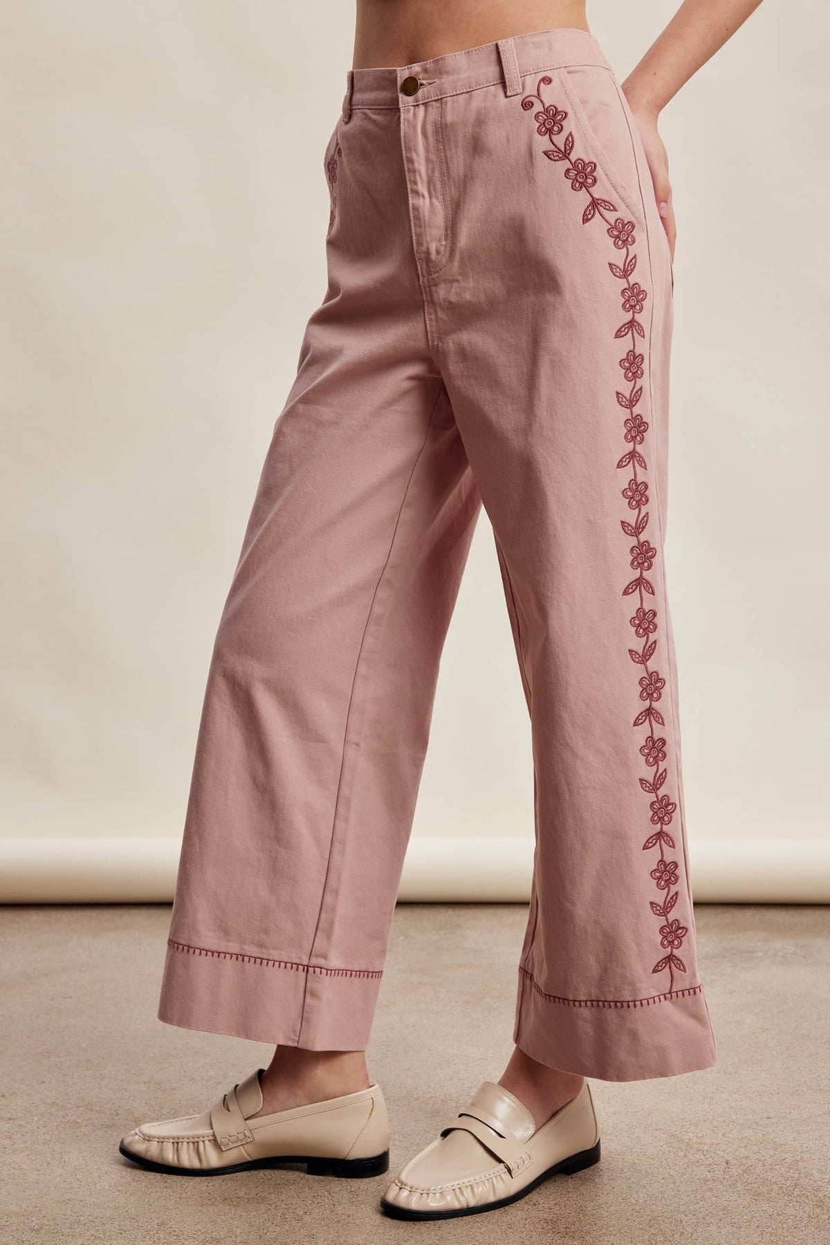 Floral Embroidered Cropped Wide-Leg Pants