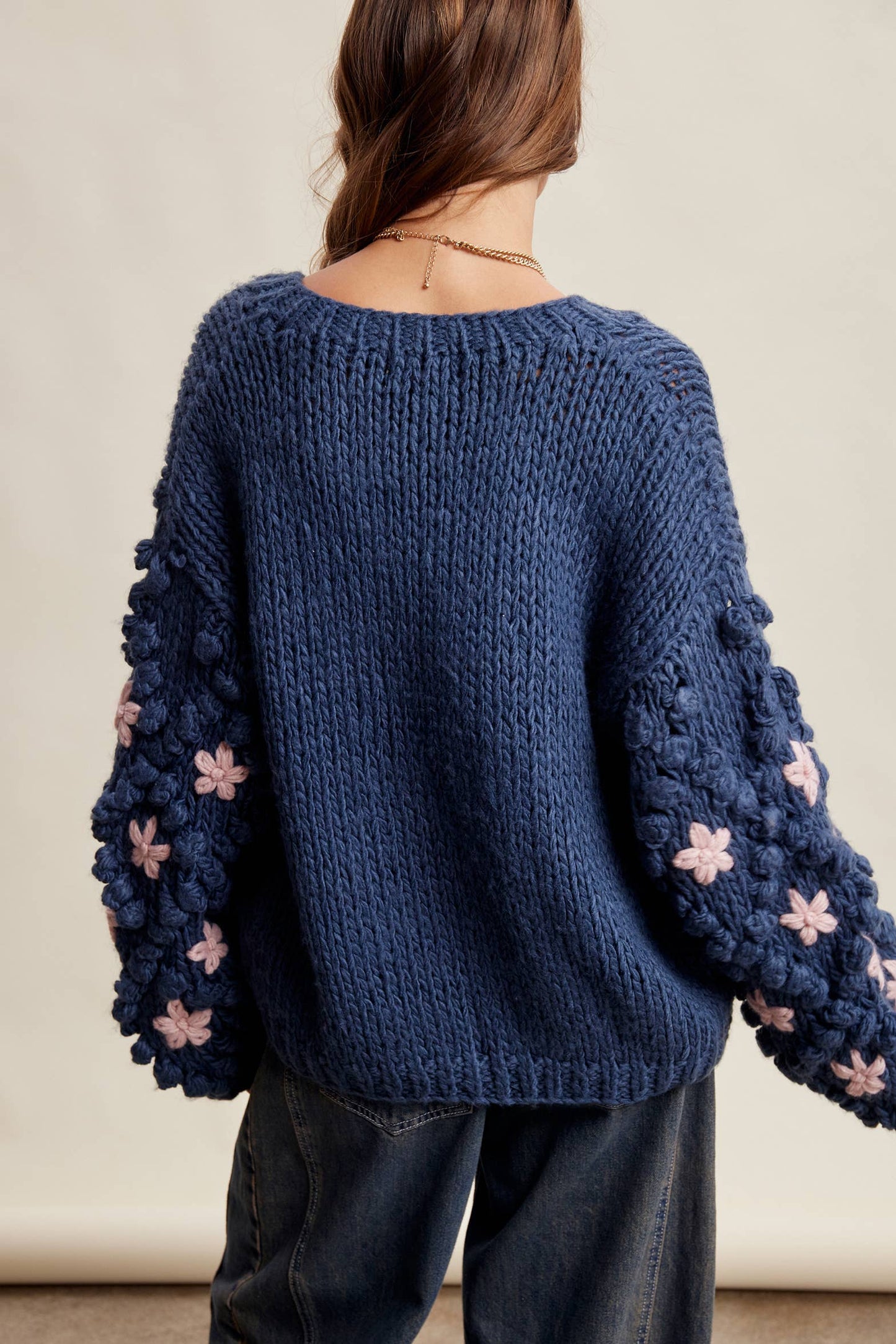 Hand Knit Floral Bobble Sleeve Cardigan