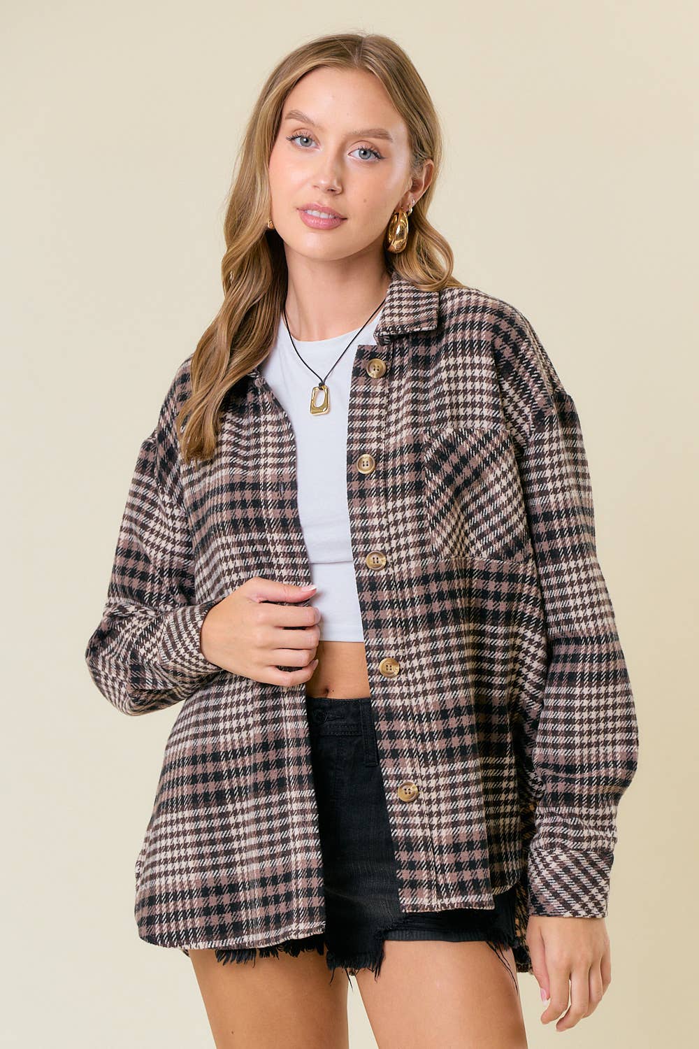 Plaid Front Button-Down Shacket W/ Patch Pocket