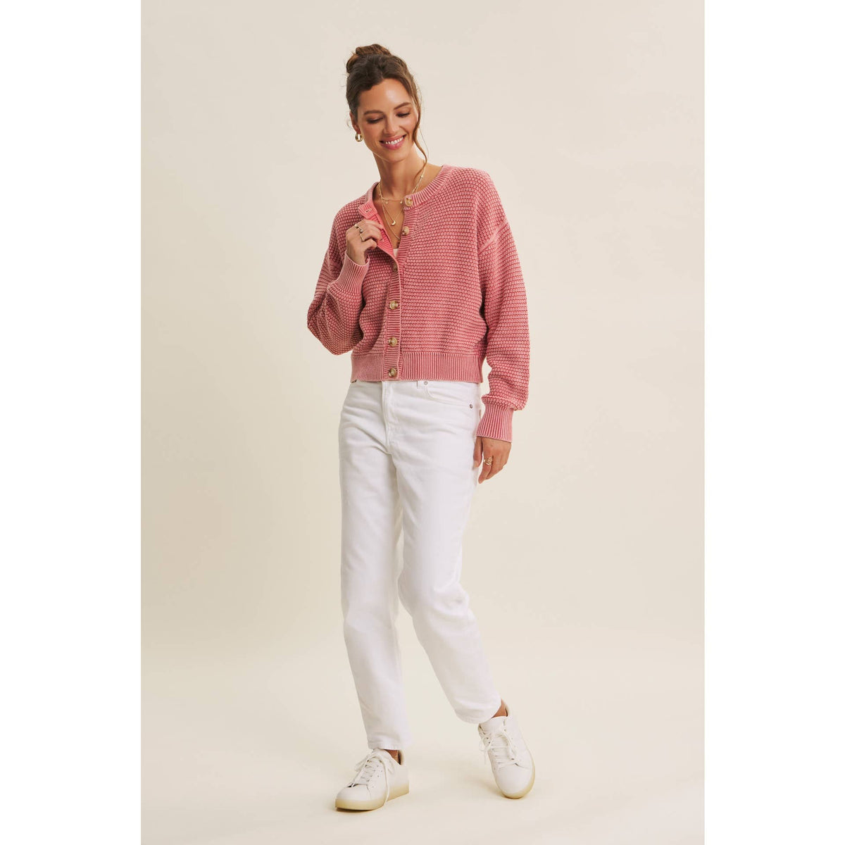 MINERAL-WASHED CABLE KNIT COTTON CARDIGAN