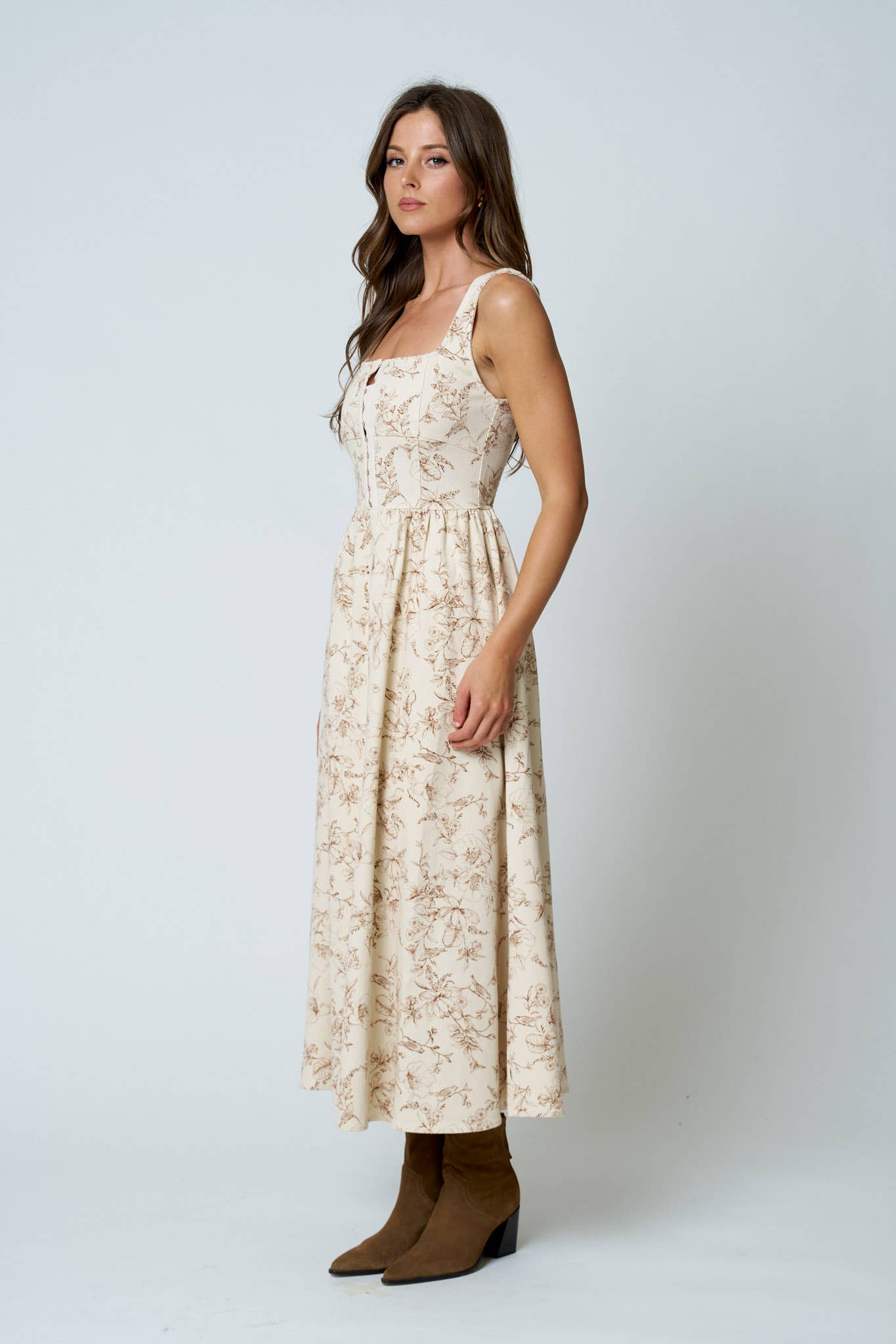 FLORAL TOILE SLEEVELESS FRONT HOOK MIDI DRESS