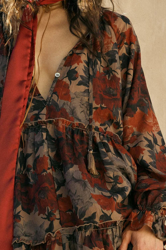 Floral-Print Tiered Ruffle Long-Sleeve Midi Dress