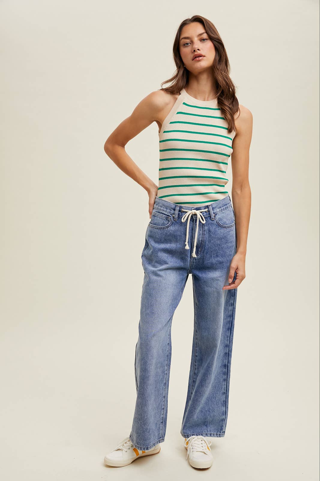 STRIPED HIGH NECK SWEATER TANK: SAND/GREEN