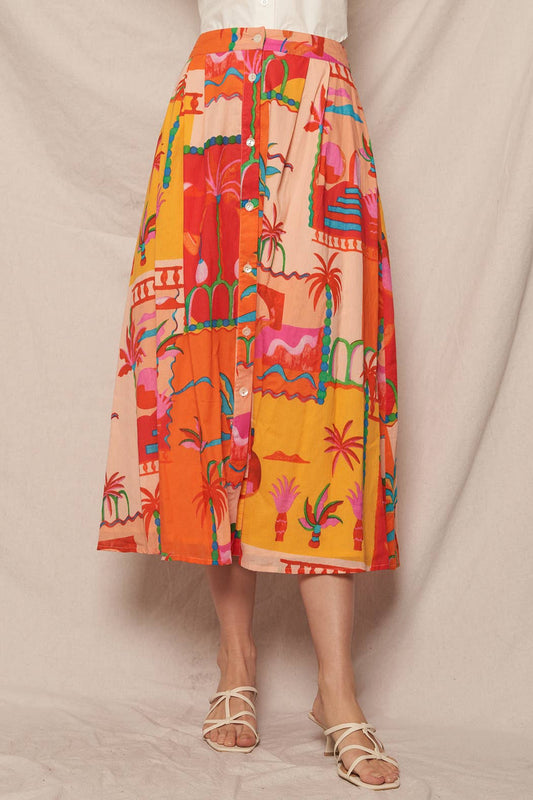 Fiesta Printed Button Down Midi Skirt