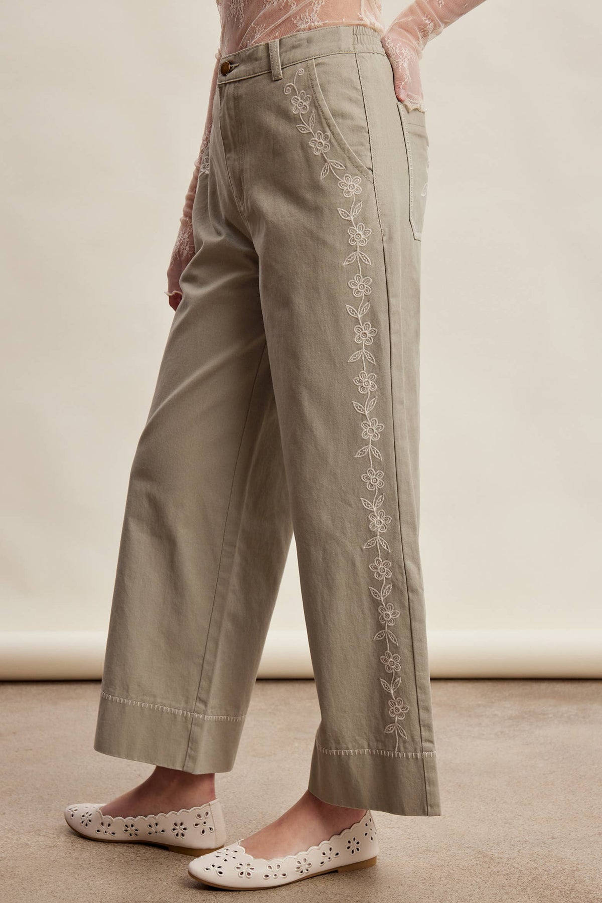 Floral Embroidered Cropped Wide-Leg Pants