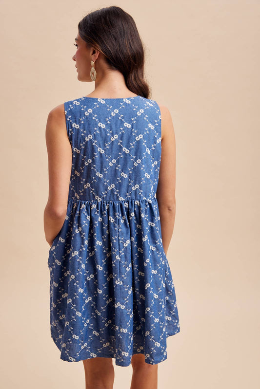 CHAMBRAY EMBROIDERED BOW MINI DRESS