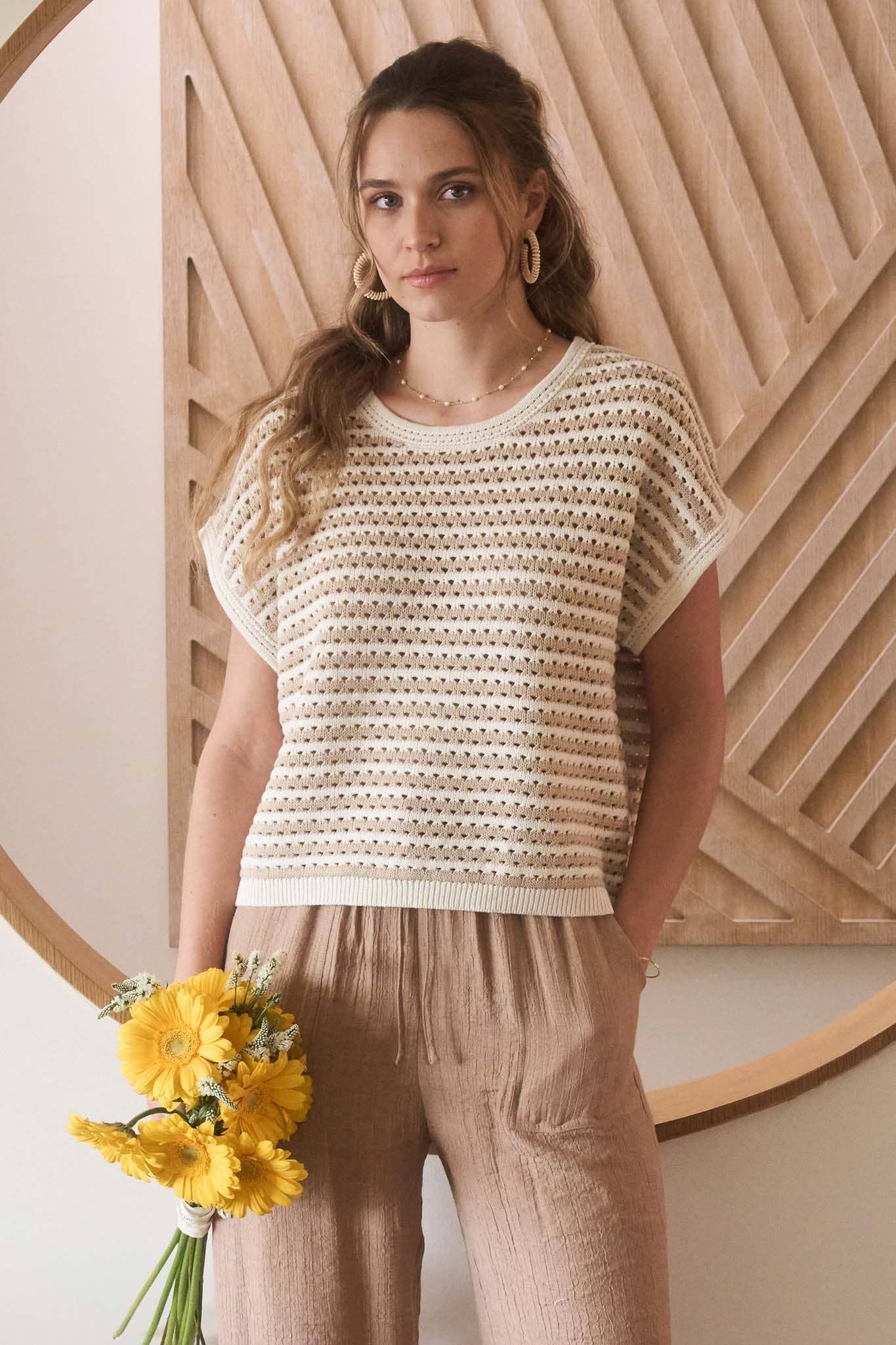 STRIPE CROCHET KNIT BATWING SHORT SLEEVE SWEATER