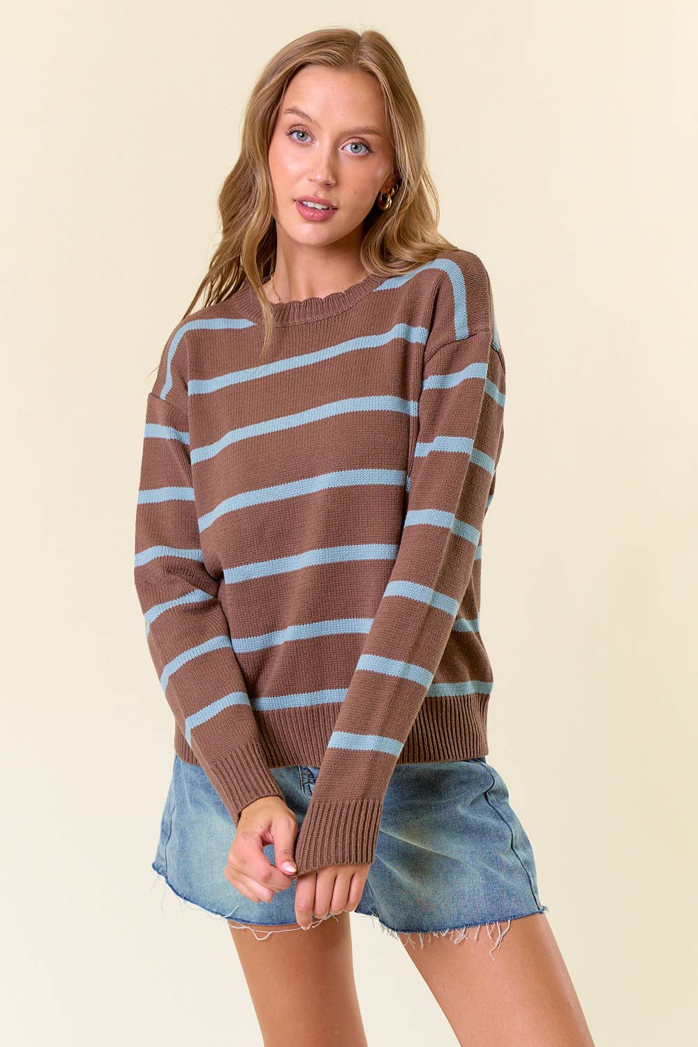 Scallop Neckline Long Sleeve Striped Sweater Top