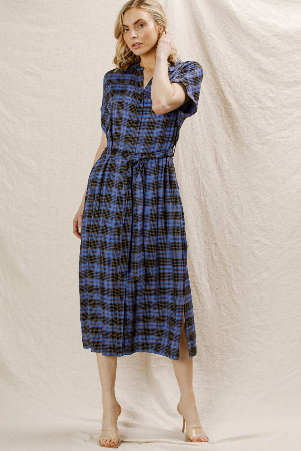 Plaid Button Down Belted Shirt Dress
