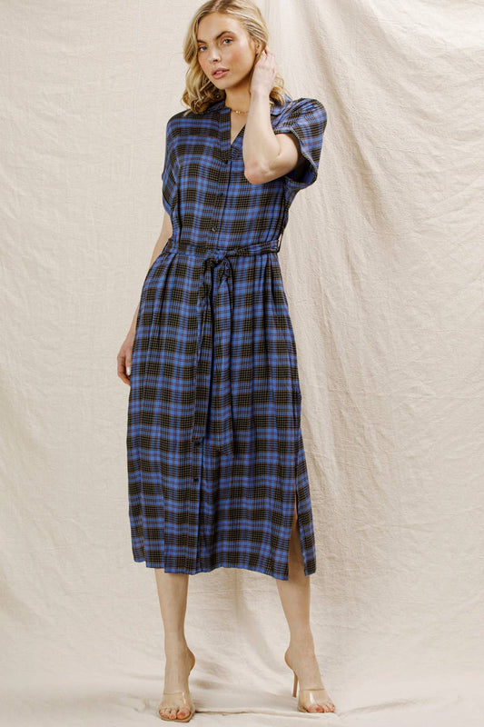 Plaid Button Down Belted Shirt Dress