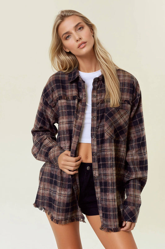 Plaid Flannel Shirt W/ Frayed Detail
