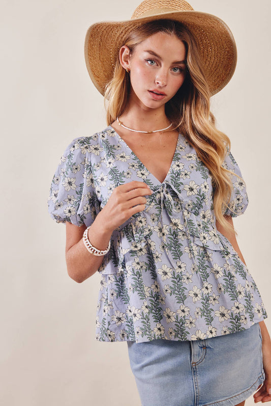 Floral Puff Sleeve Lined Blouse