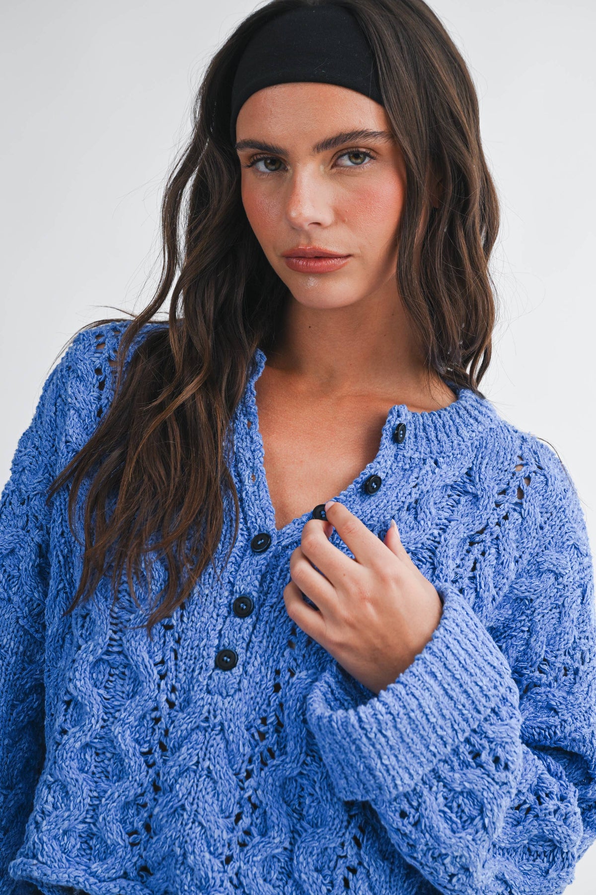 Textured Cropped Henley Knit Sweater