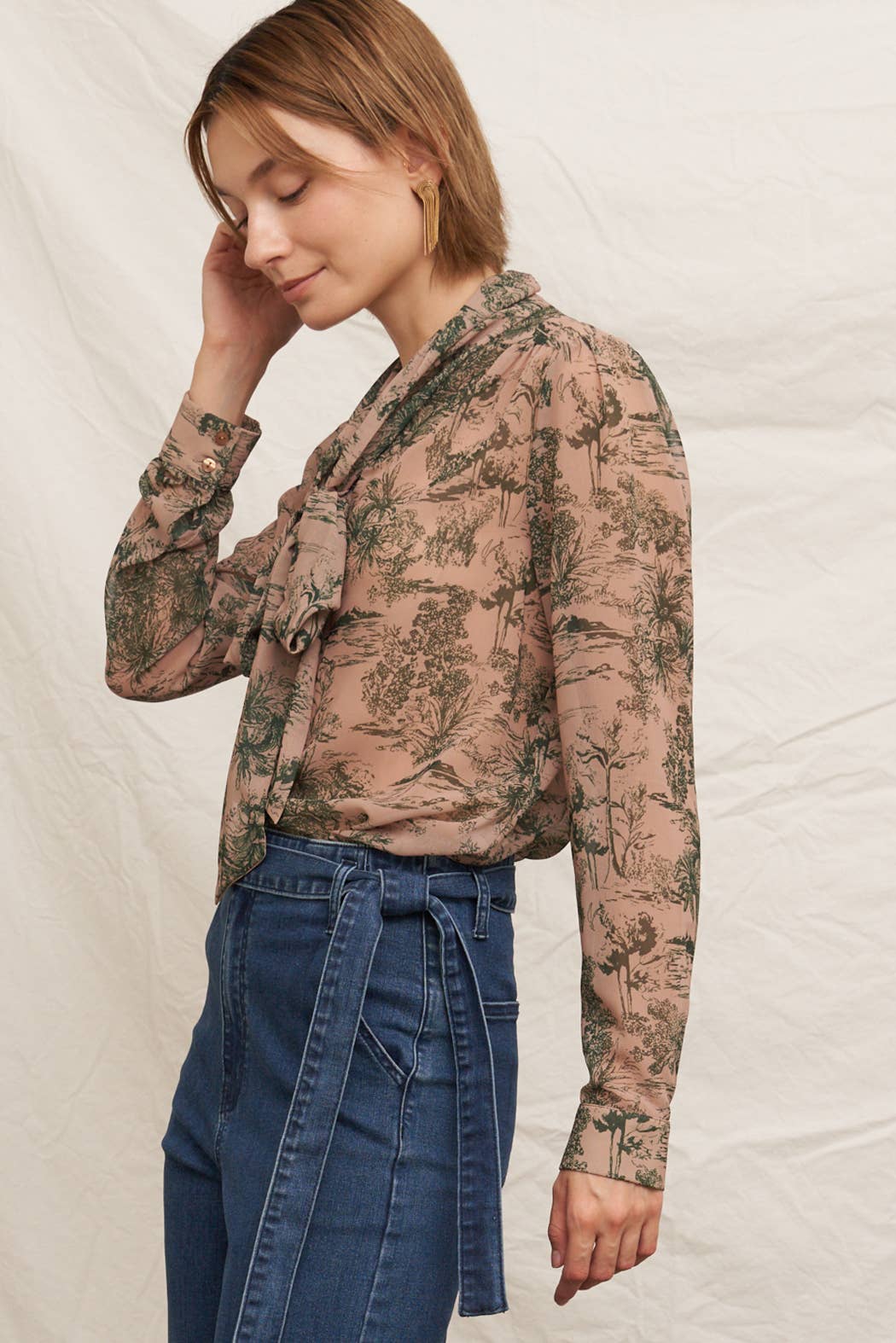 Printed Long Sleeve Tie-Neck Chiffon Blouse