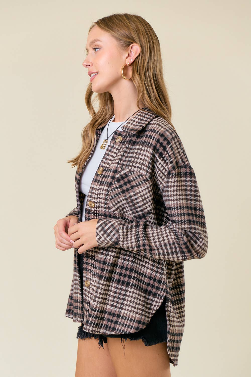 Plaid Front Button-Down Shacket W/ Patch Pocket