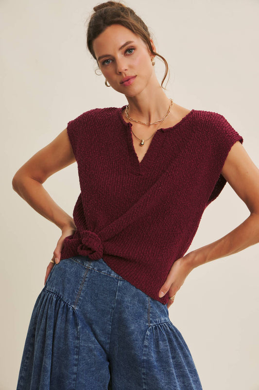 RELAXED FIT SLUB KNIT SWEATER TOP WITH SPLIT NECK
