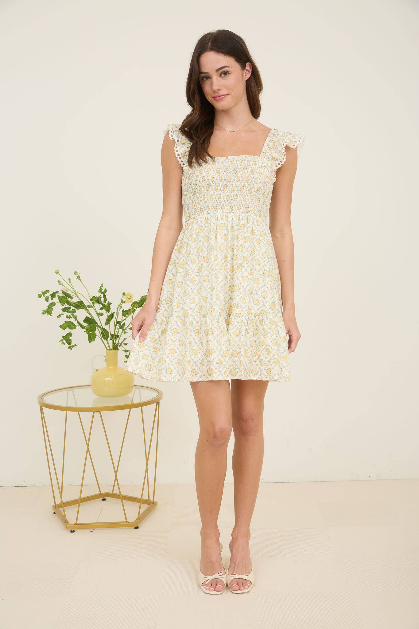 FLORAL TRELLIS PATTERN SMOCKED MINI DRESS
