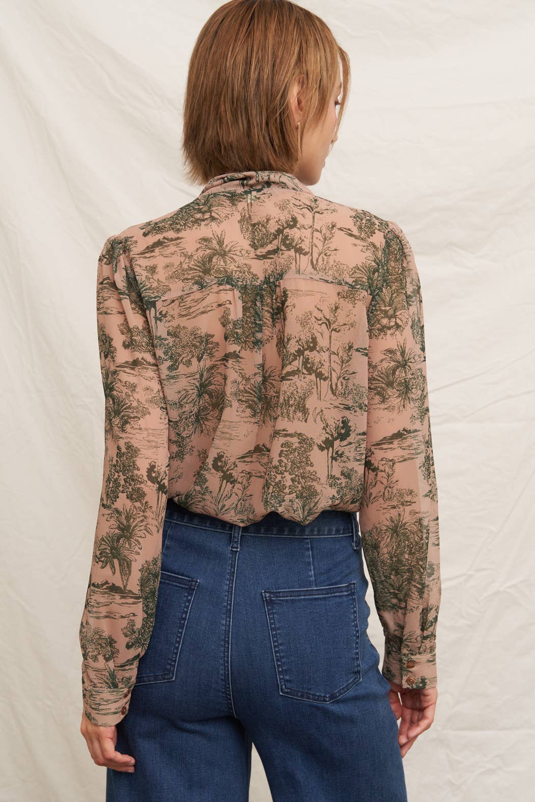 Printed Long Sleeve Tie-Neck Chiffon Blouse