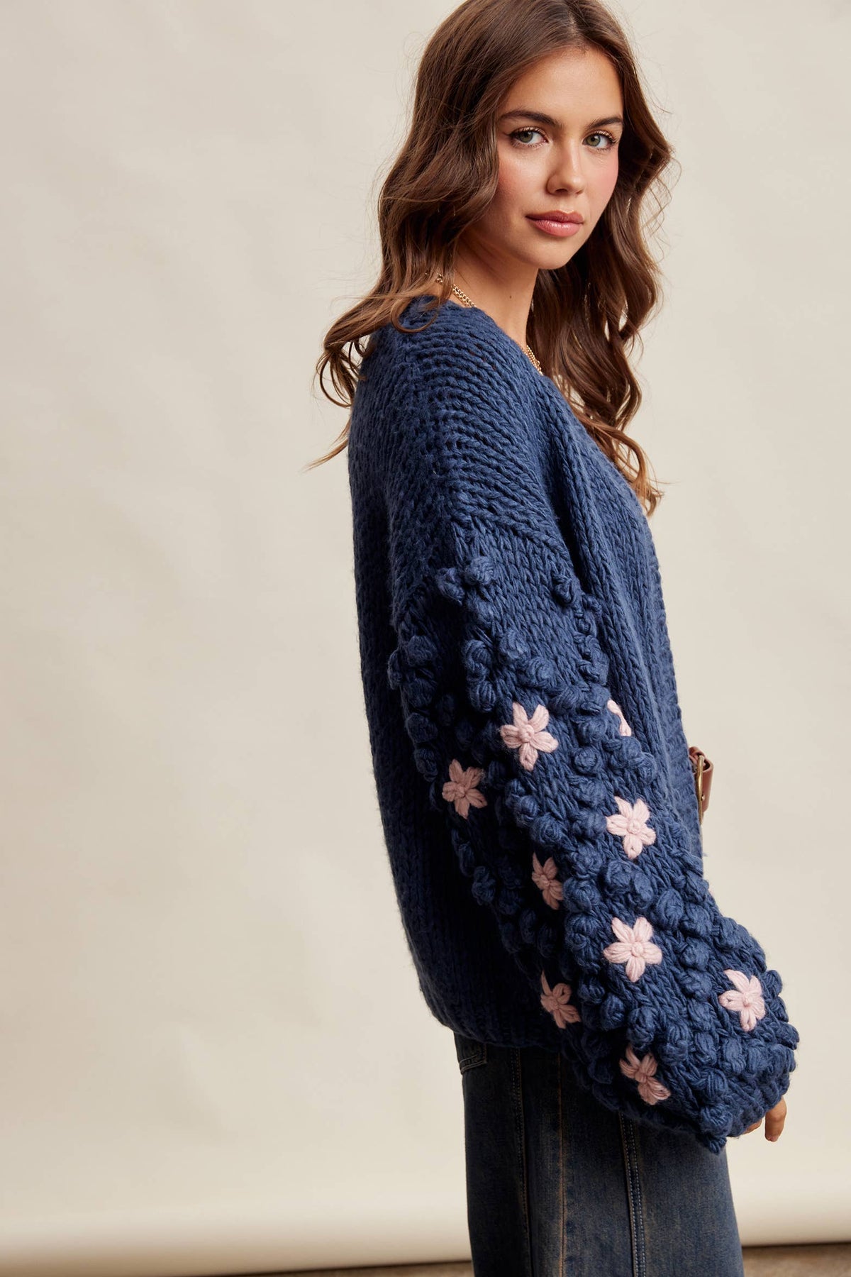 Hand Knit Floral Bobble Sleeve Cardigan