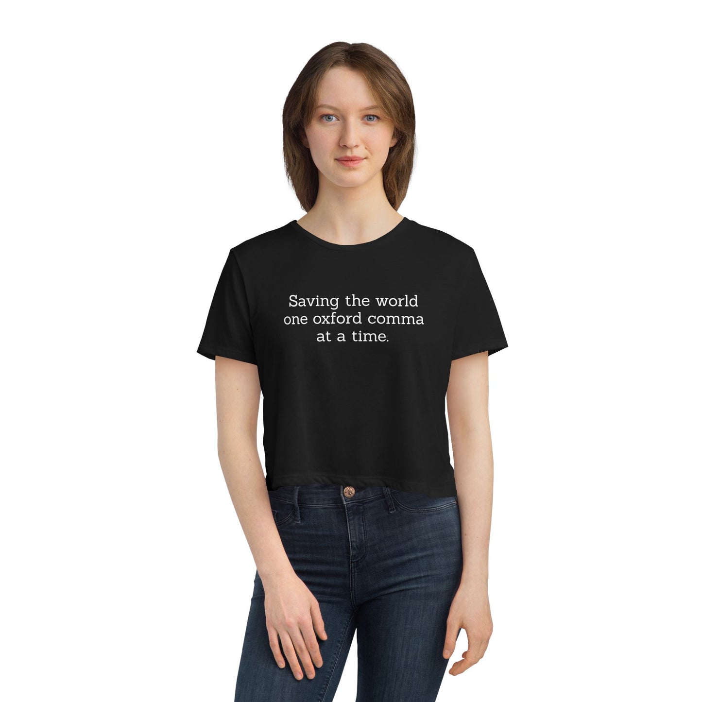 Oxford Comma Enthusiast Funny Quote Flowy Cropped Tee
