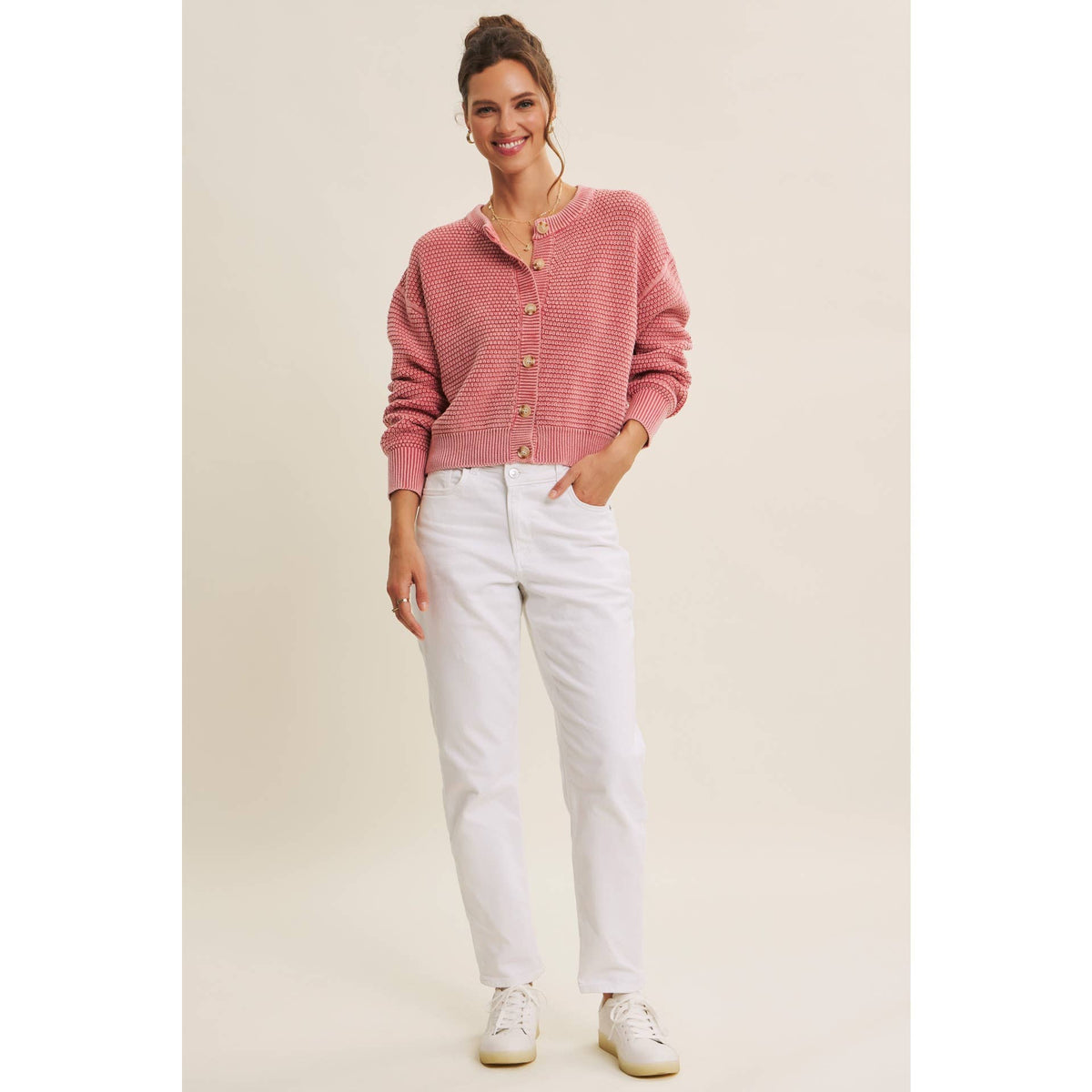 MINERAL-WASHED CABLE KNIT COTTON CARDIGAN