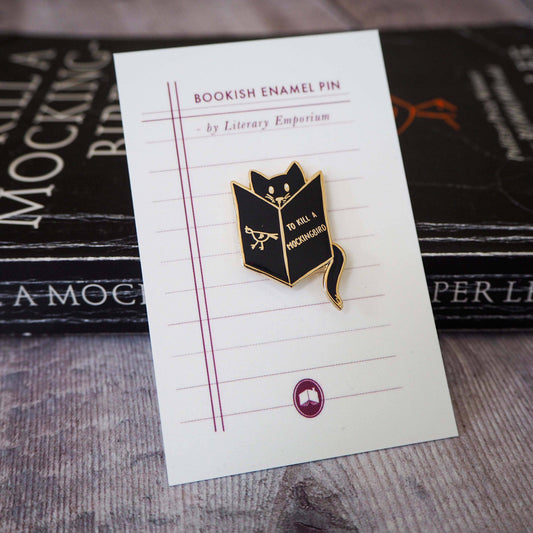 Reading Cat Mockingbird Book Lover Enamel Pin Badge - Black