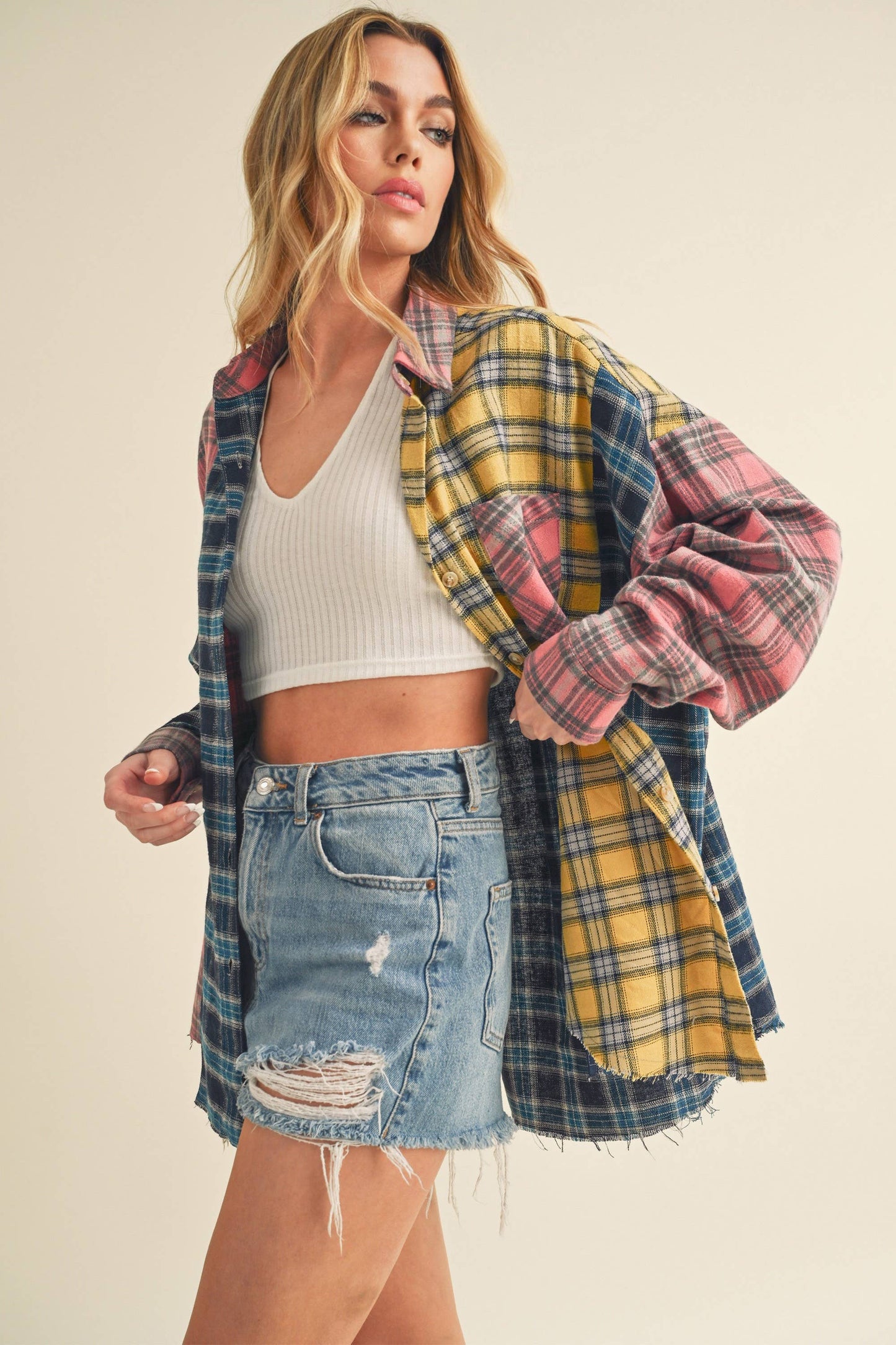 Multi Color Plaid Oversized Flannel Shirt
