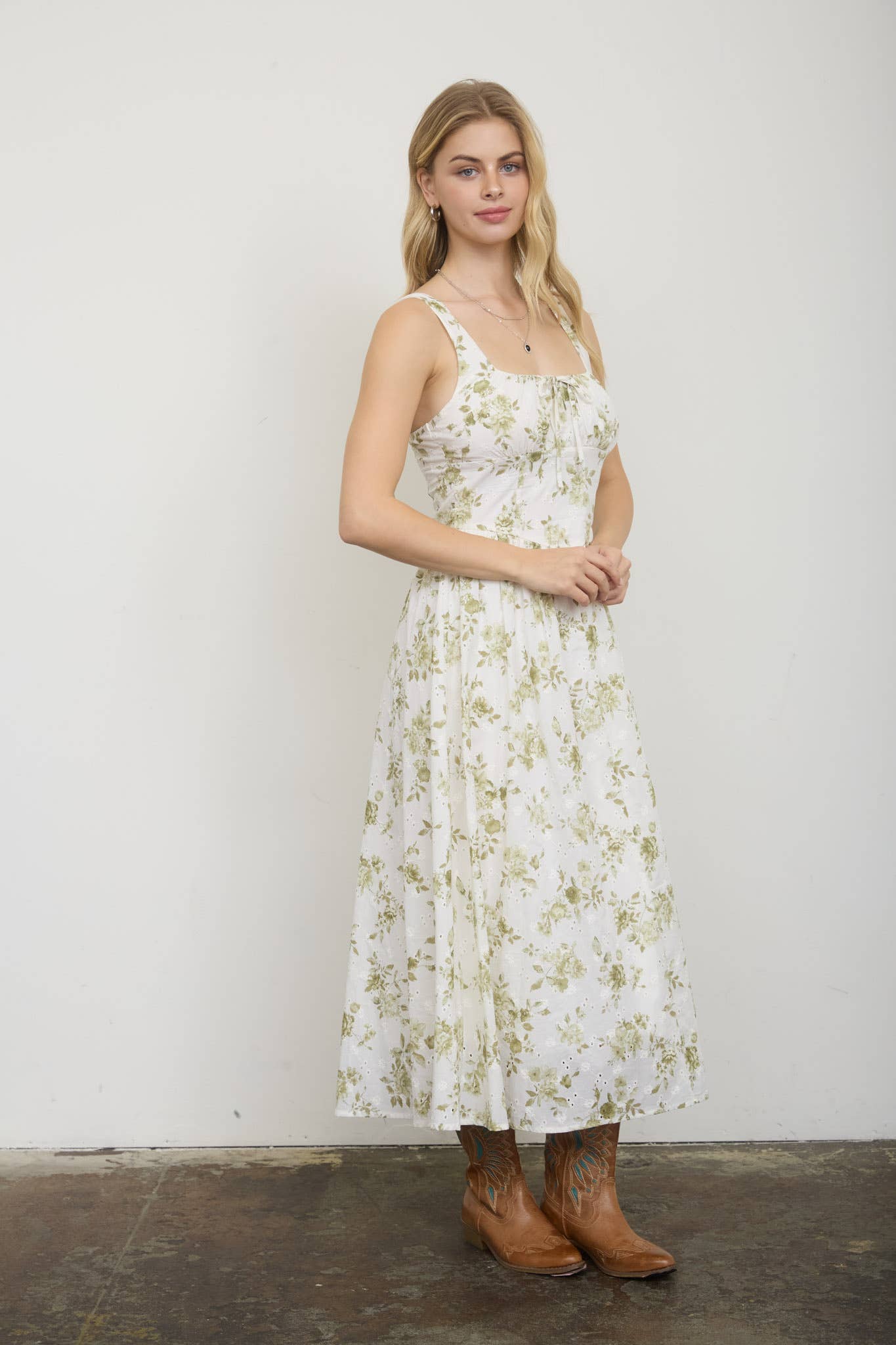 FLORAL PATTERN FRONT TIE CORSET MIDI DRESS