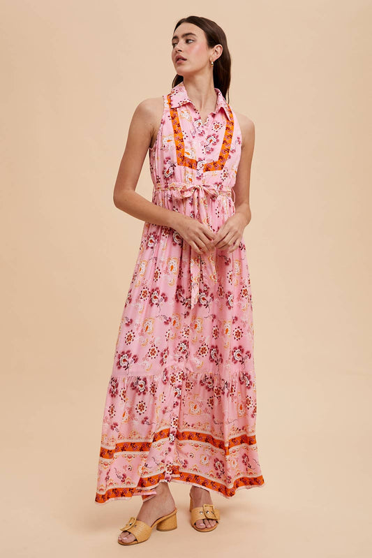 BORDER PRINT COLLARED BUTTON DOWN MAXI DRESS
