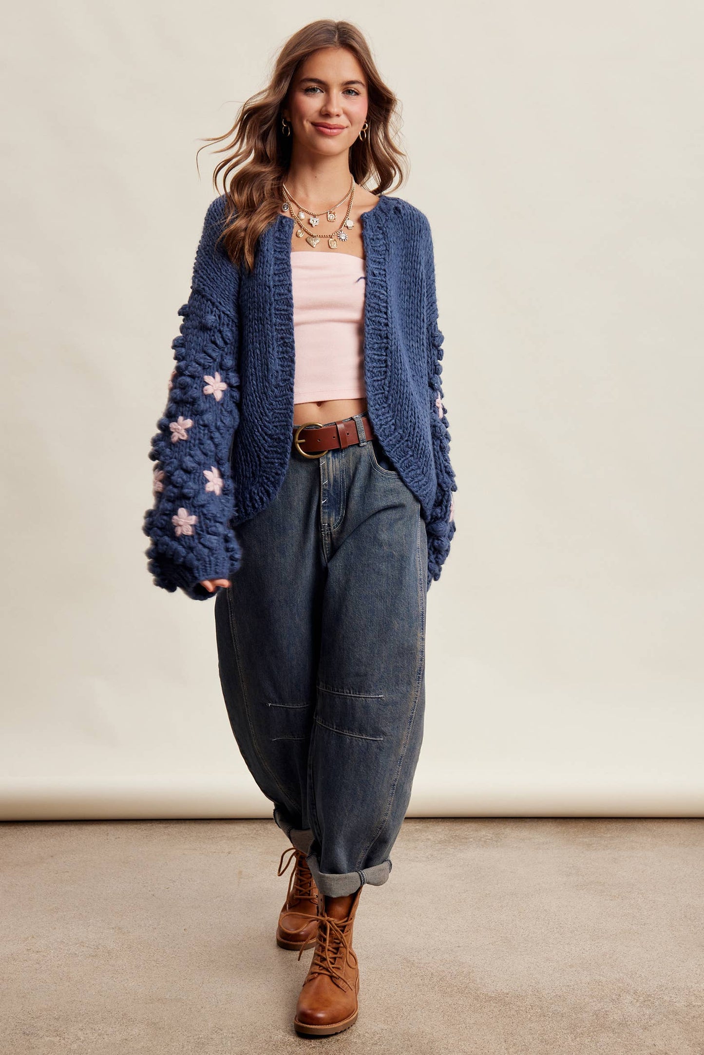Hand Knit Floral Bobble Sleeve Cardigan