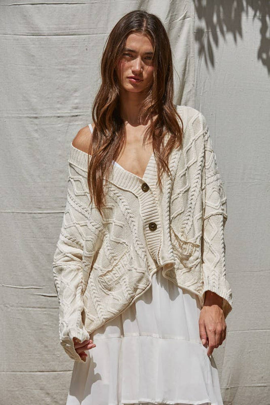 100% Cotton Knit Sweater Cotton V-Neck Cable Knit Cardigan Top