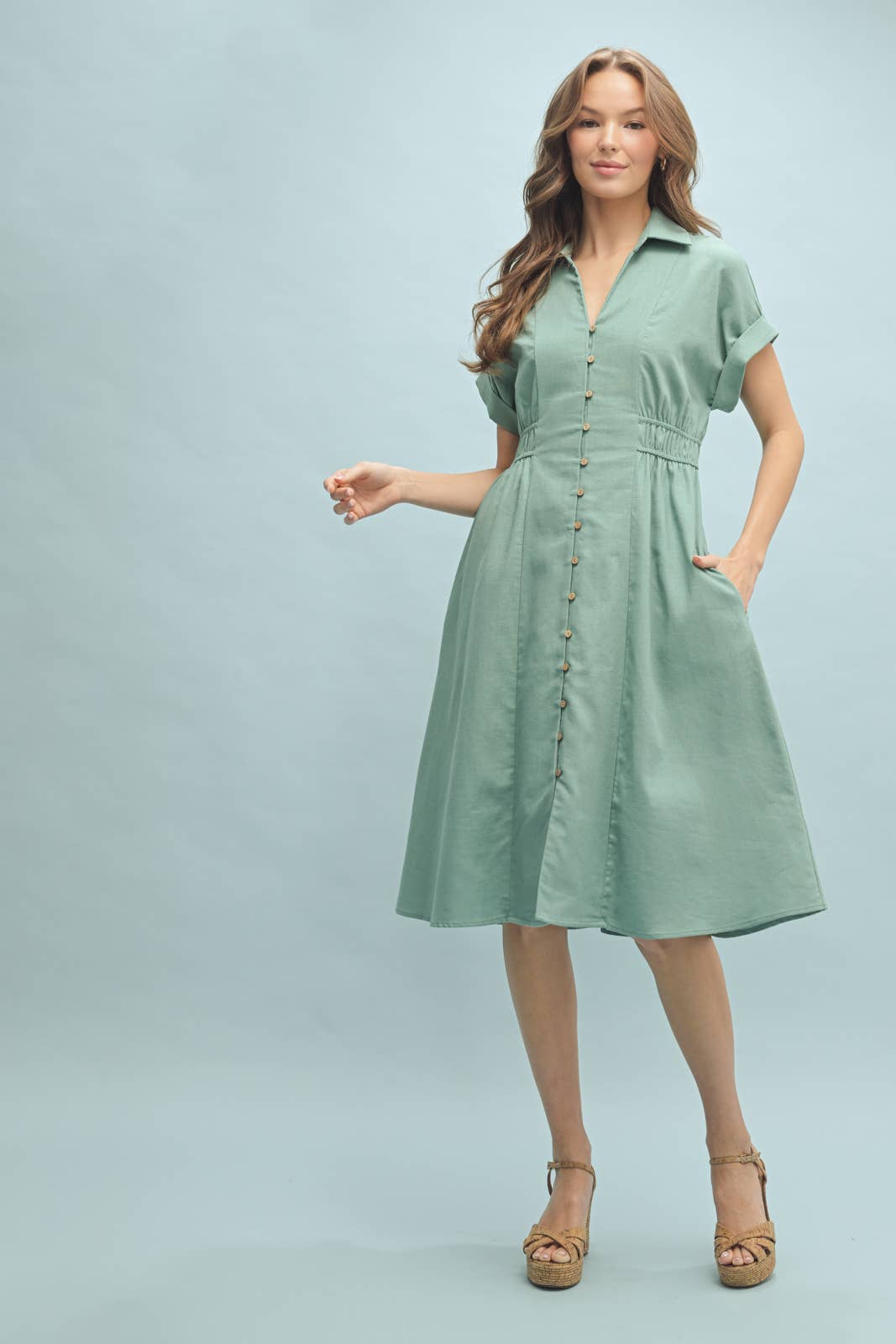 COLLARED BUTTON-UP MIDI DRESS